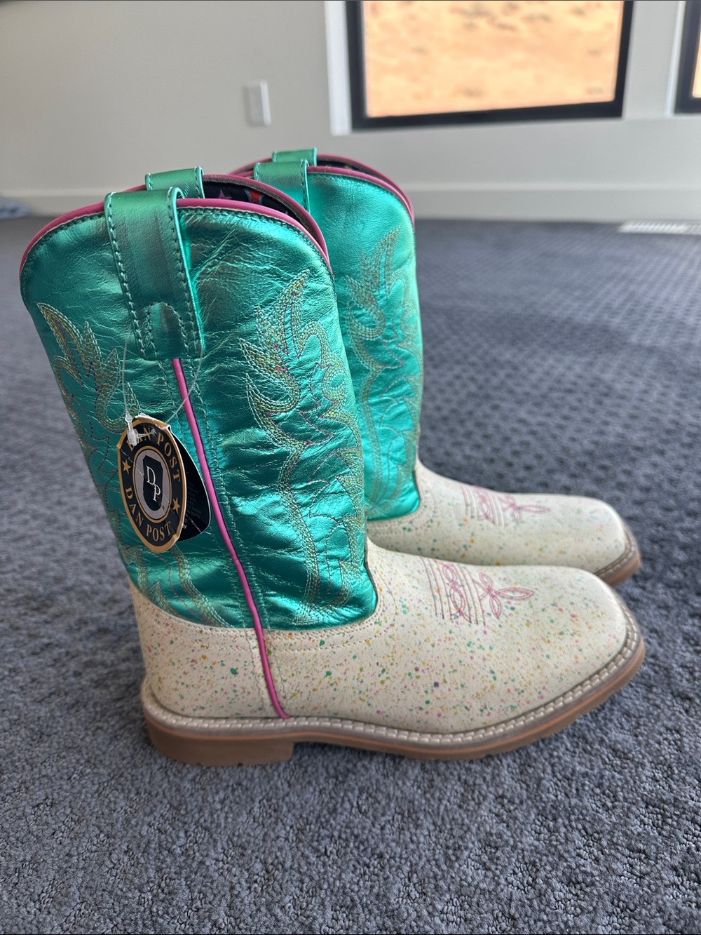 Dan Post Teal and Cream Kids' Western Boots with Pink Accents